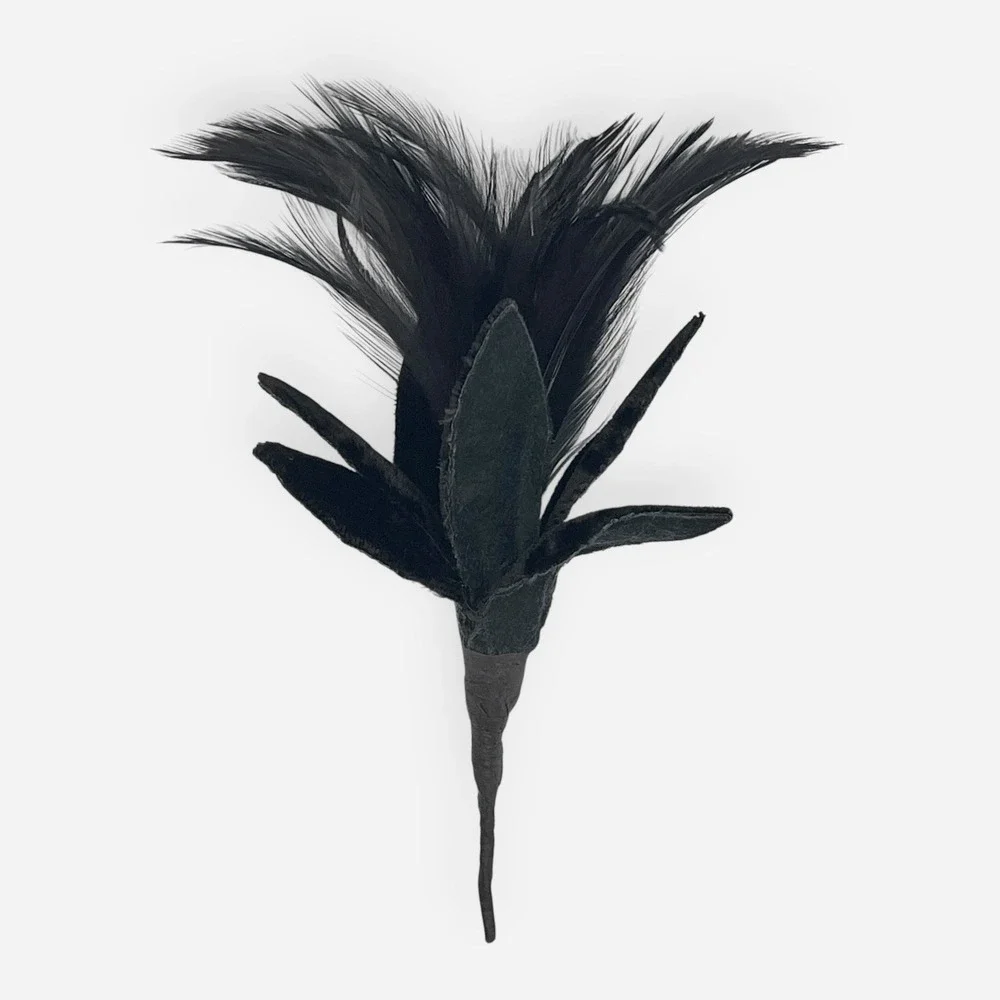 Vintage Black Velvet Feather Boutonniere Brooch Pin Flower Floral Bronze Stems - Picture 1 of 5
